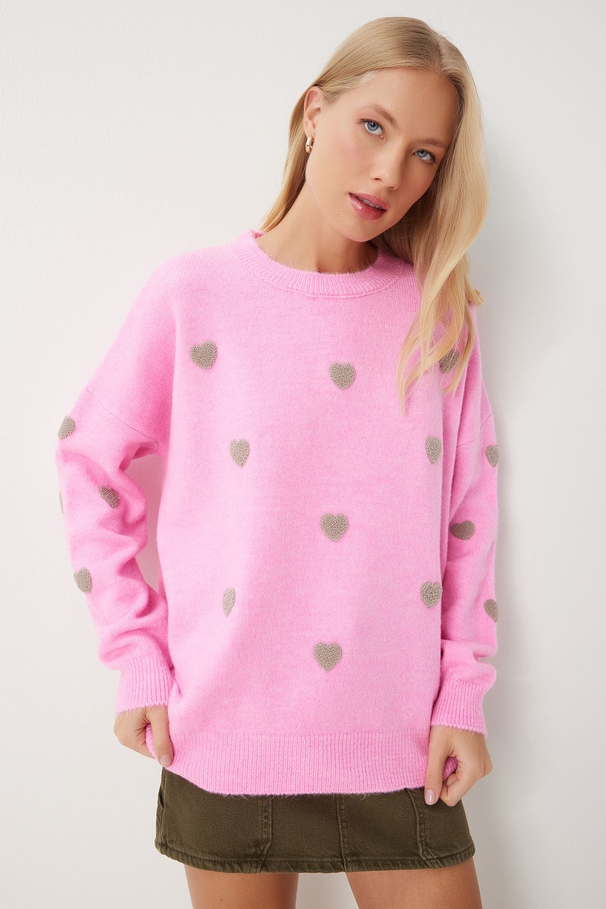 Pembe Kalp Dokulu Oversize Triko Kazak PF00088