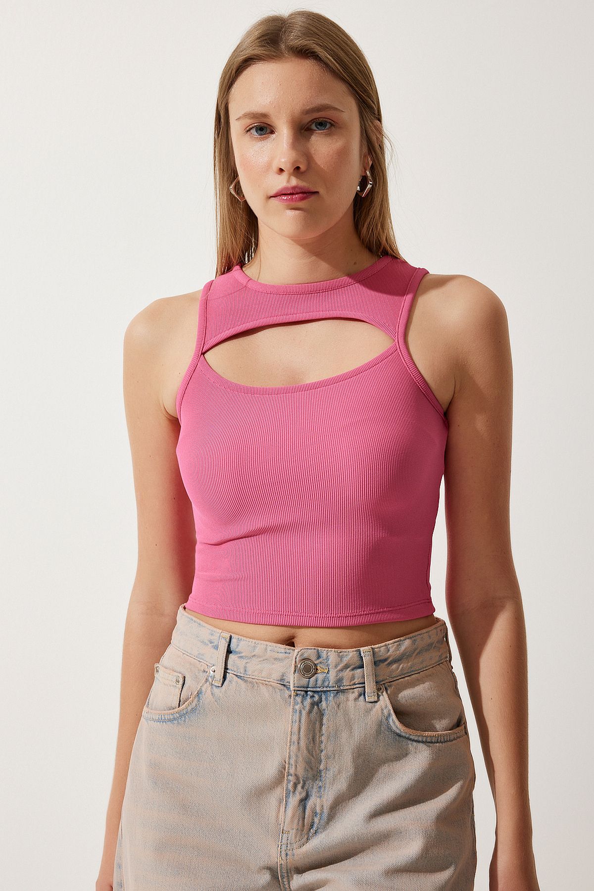 Pembe Cut Out Detaylı Fitilli Crop Örme Bluz KH00089
