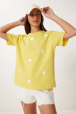Sarı Kalp Nakışlı Pamuklu Örme T-Shirt AN00244