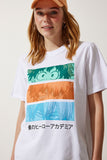 Beyaz Renkli Baskılı Oversize Örme T-Shirt WO00034