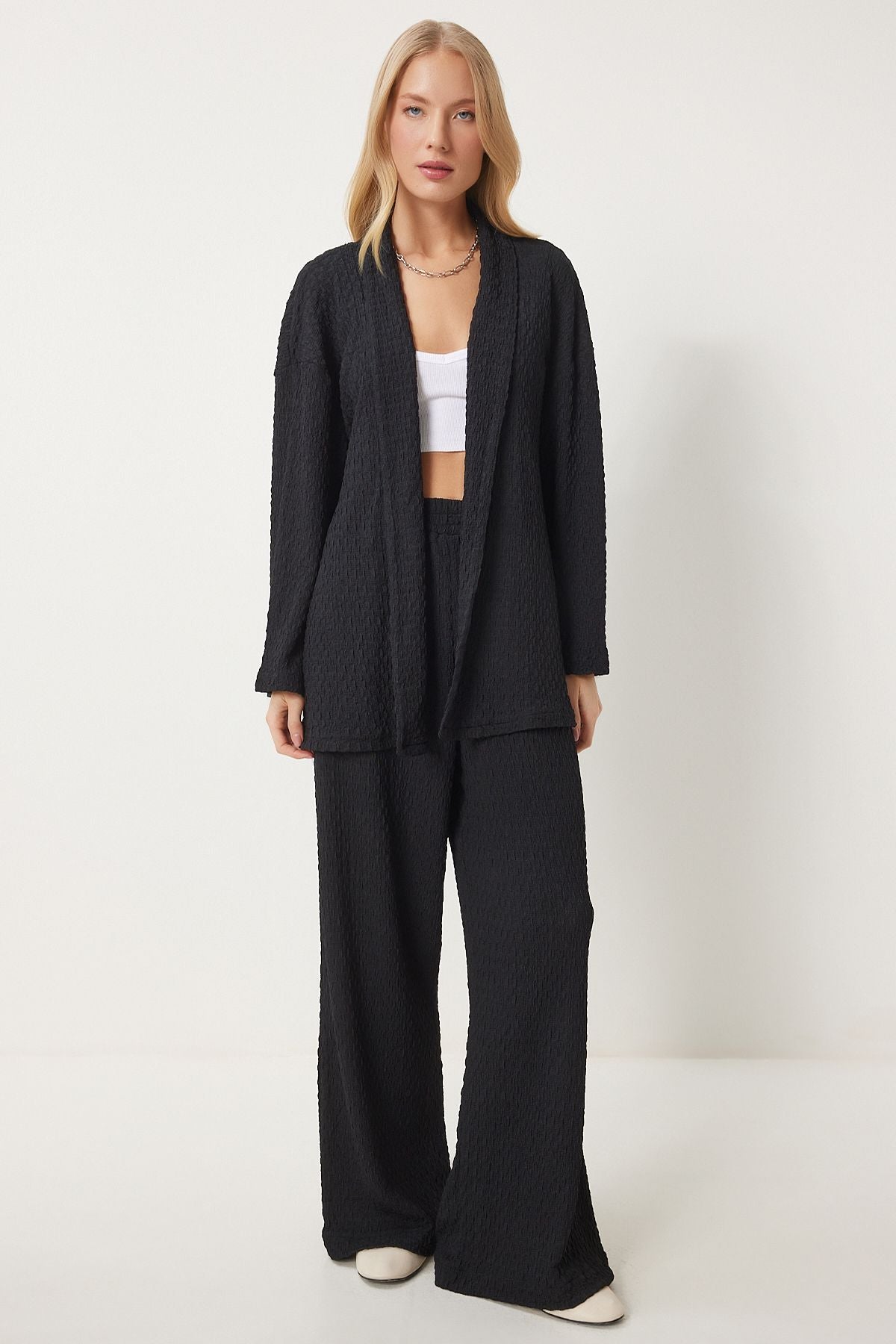 Siyah Dokulu Örme Kimono Pantolon Takım RG00046