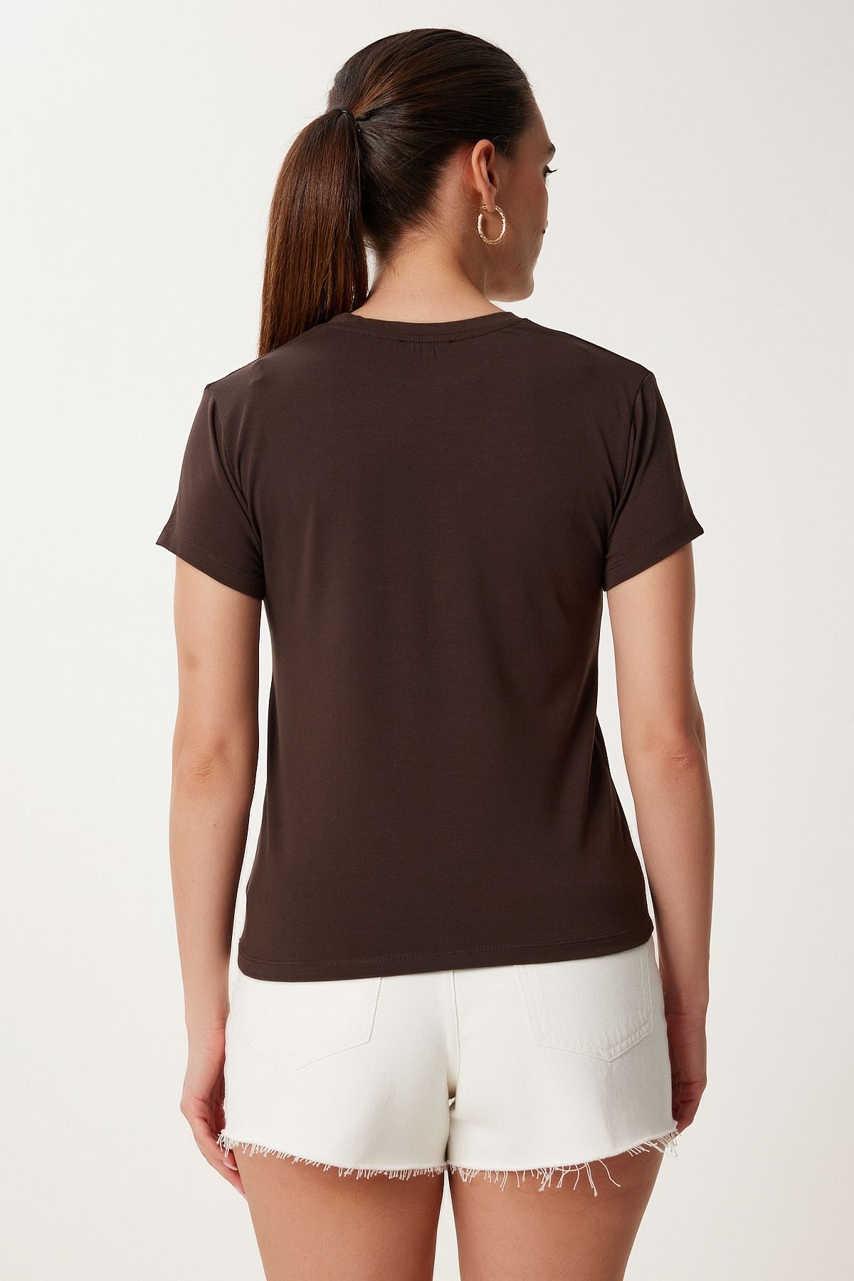 Kahverengi Baskılı Örme T-Shirt UB00388