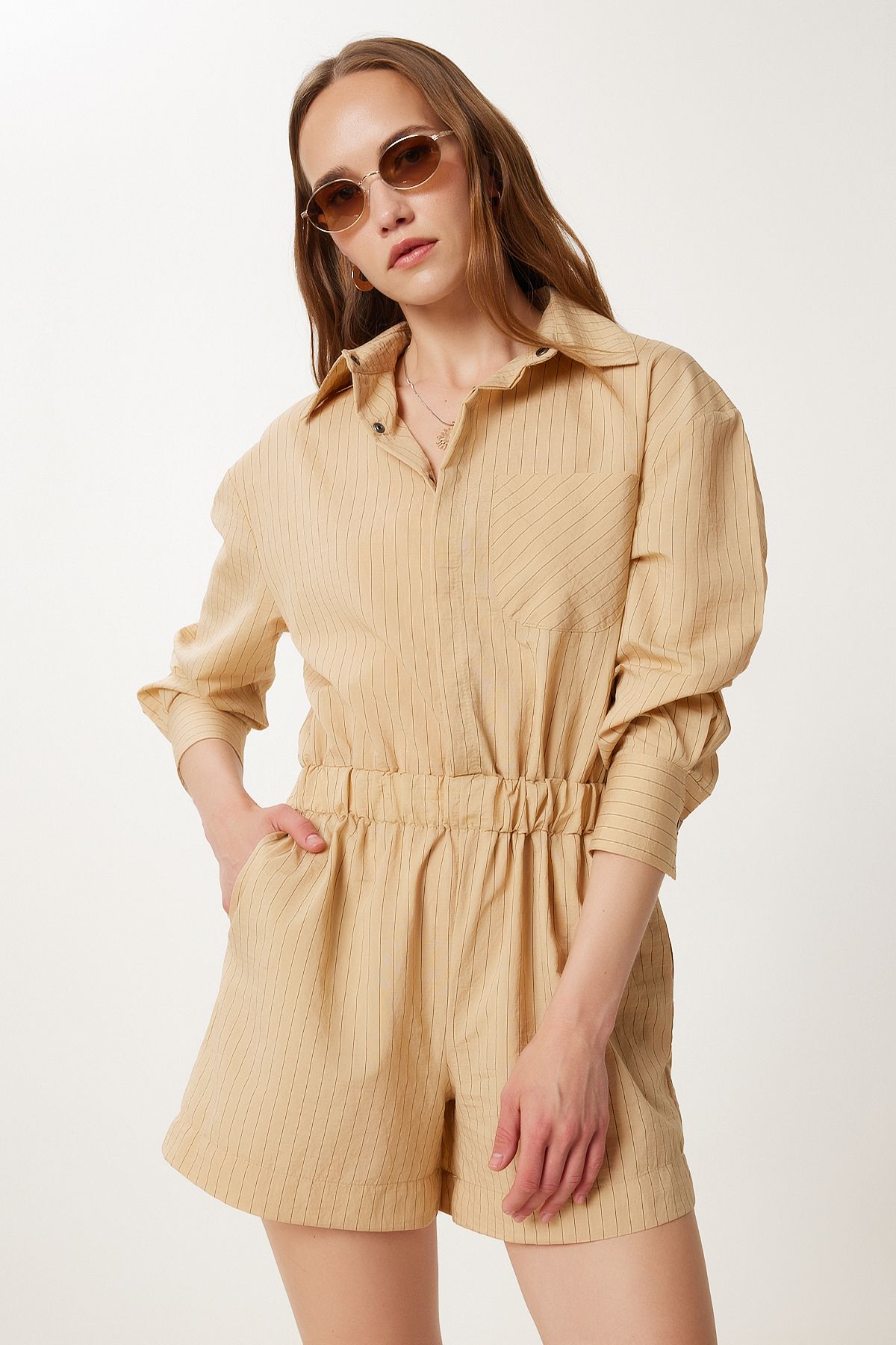 Camel Çizgili Dokuma Mini Şort Tulum WF00128