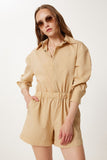 Camel Çizgili Dokuma Mini Şort Tulum WF00128