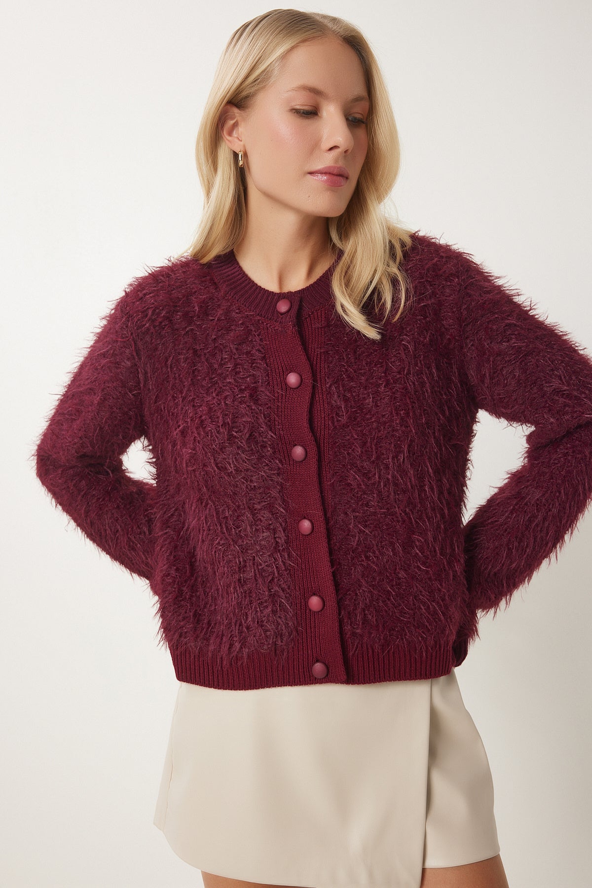 Bordo Yumuşak Sakallı Triko Hırka MX00180