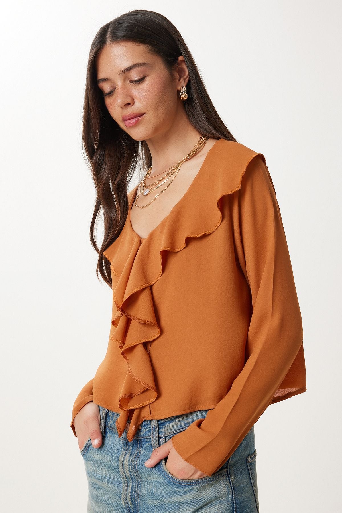 Tarçın Volanlı Hafif Transparan Şifon Bluz DM00142