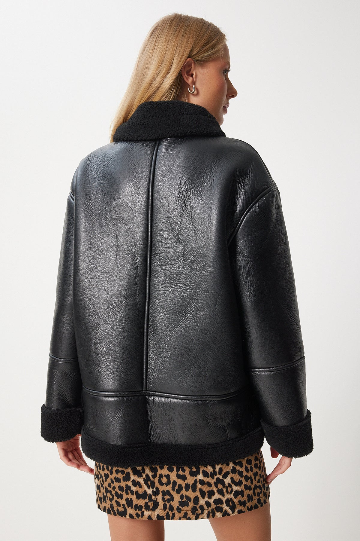 Siyah İçi Suni Kürklü Suni Deri Biker Ceket RV00202