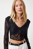 Siyah Dantelli Şık Örme Crop Bluz RG00005