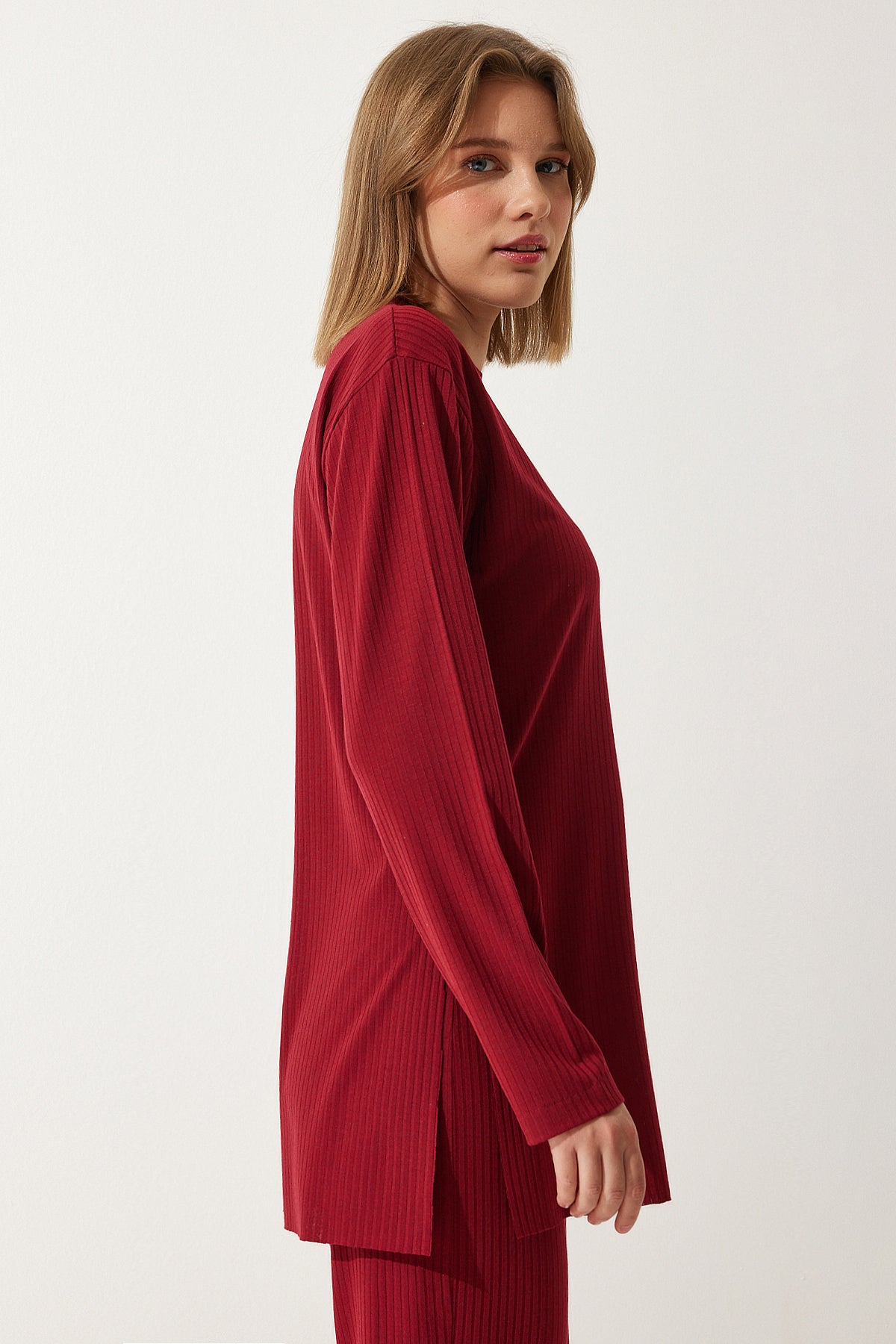 Kırmızı Fitilli Örme Bluz Pantolon Takım KH00088