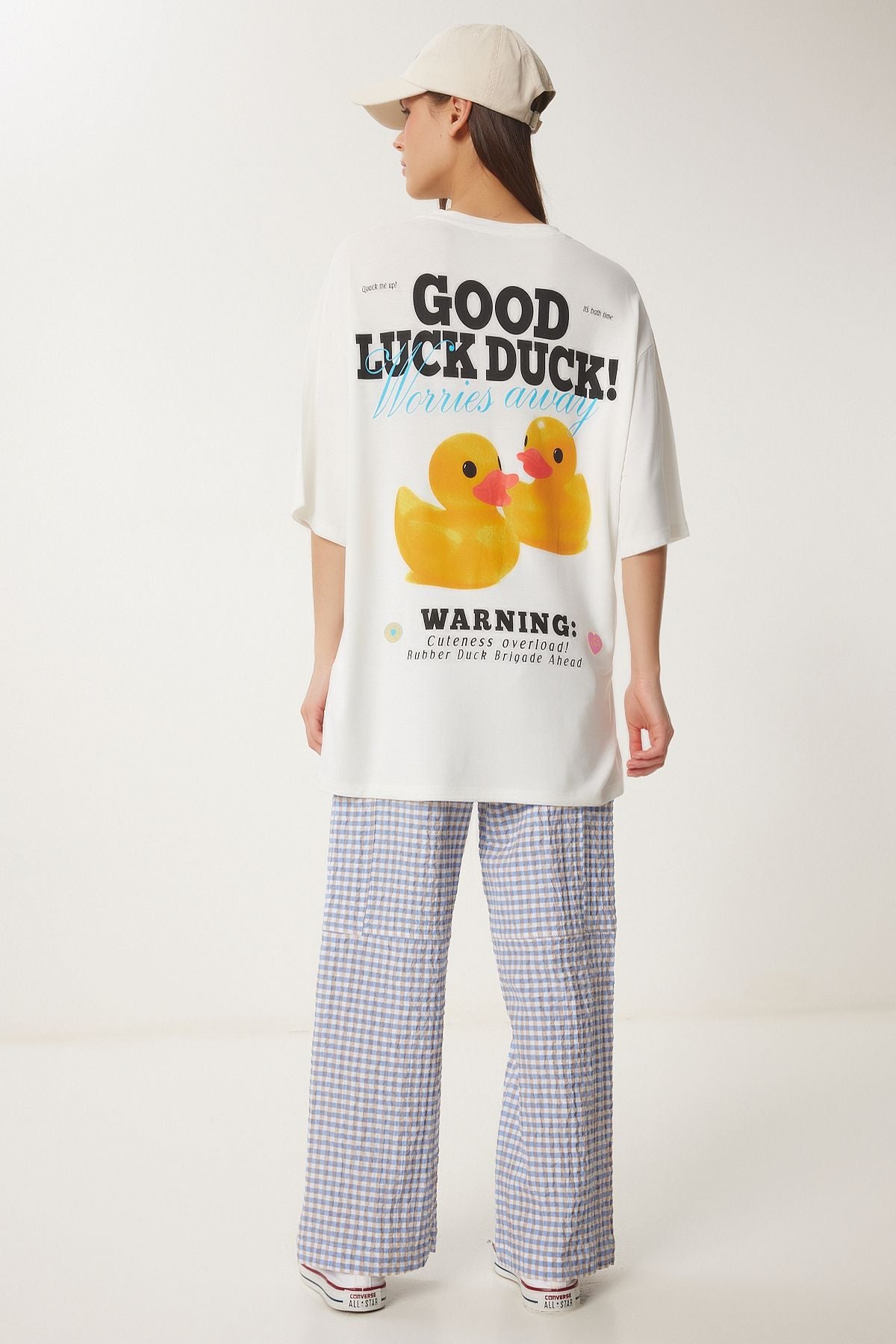 Ekru Oversize Baskılı Pamuklu Örme T-Shirt UB00372