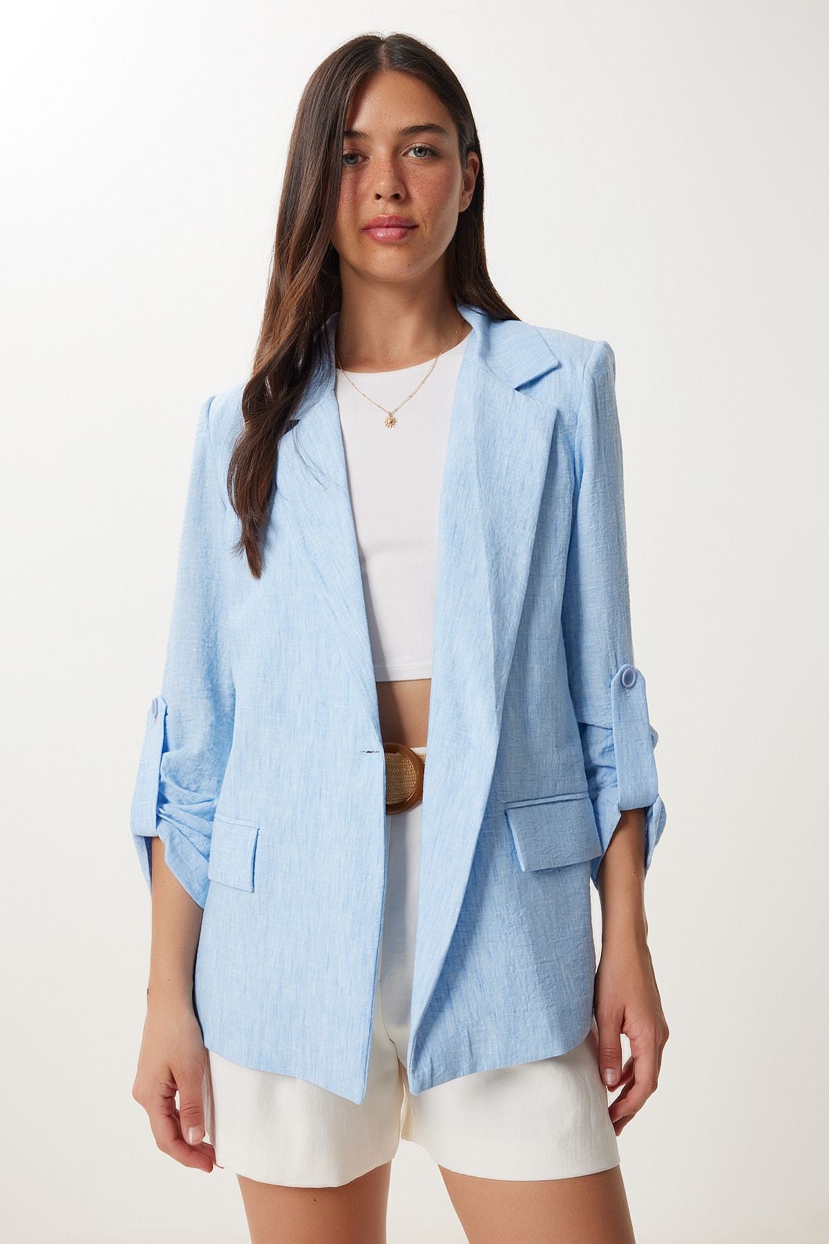 Gök Mavi Vatkalı Keten Blazer Ceket XL00003