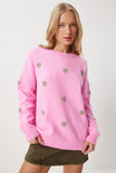 Pembe Kalp Dokulu Oversize Triko Kazak PF00088