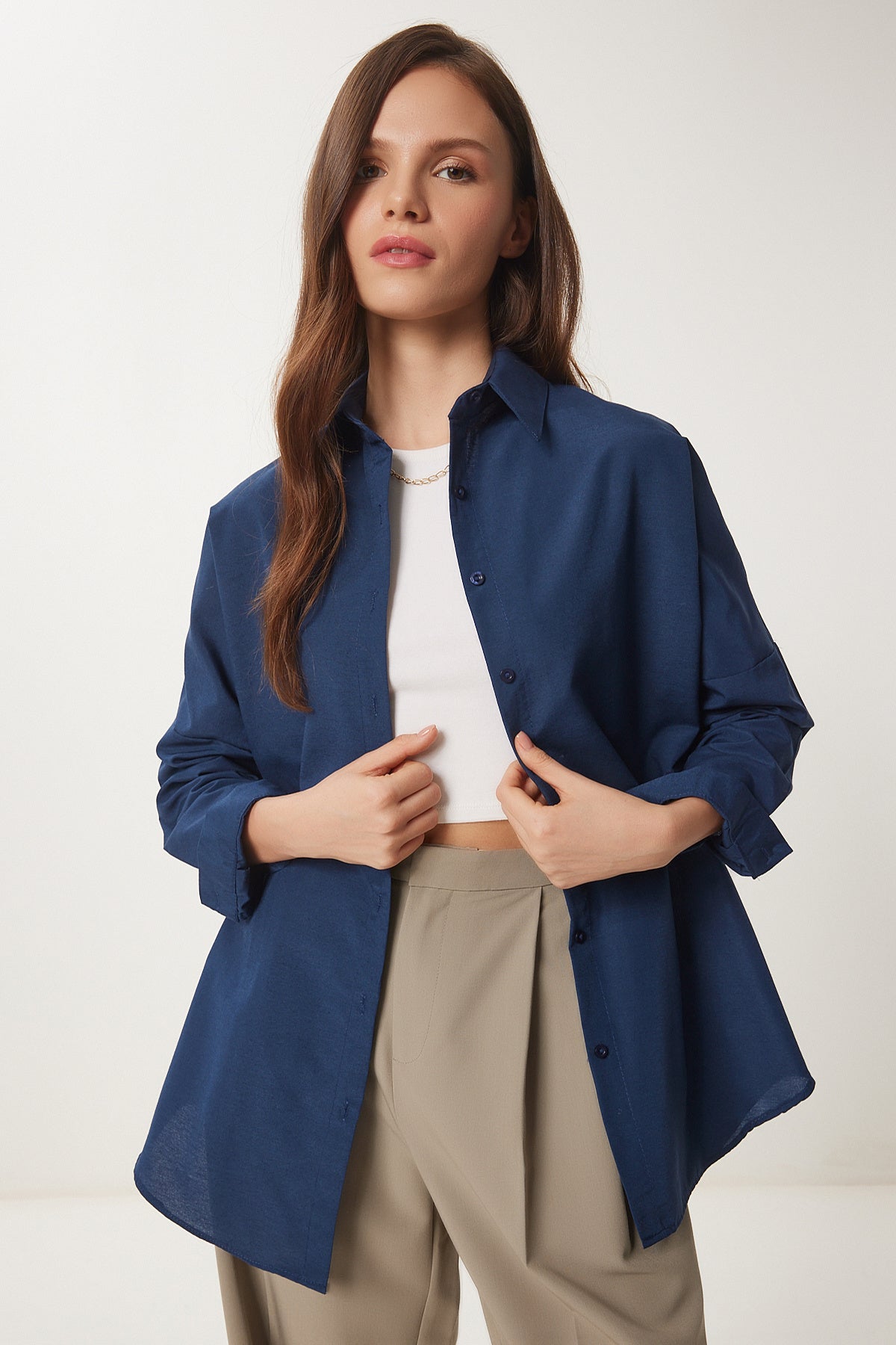 Lacivert Oversize Uzun Basic Gömlek 3900 DD00842