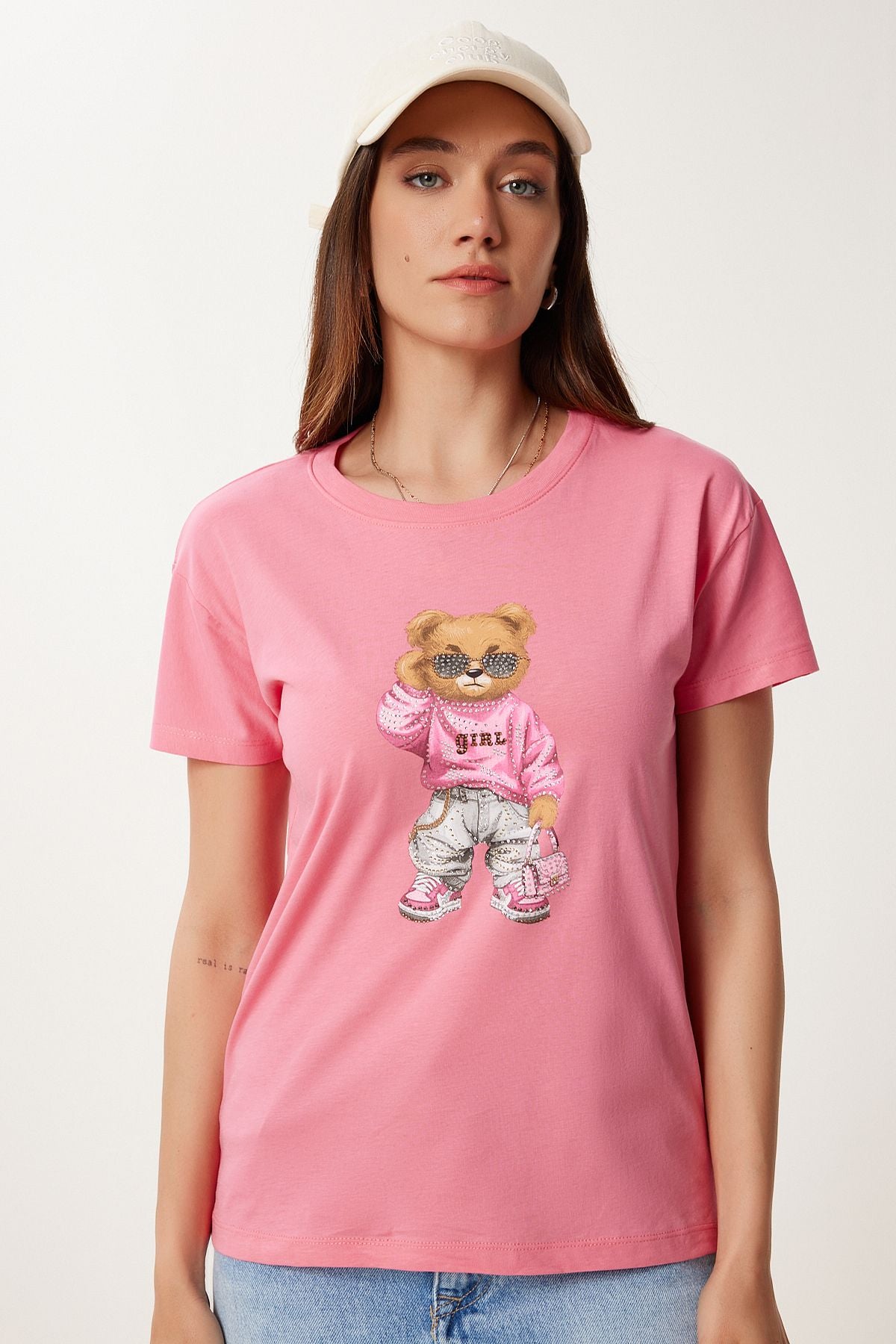 Pembe Taş Detaylı Ayıcık Baskılı Örme T-Shirt BW00001