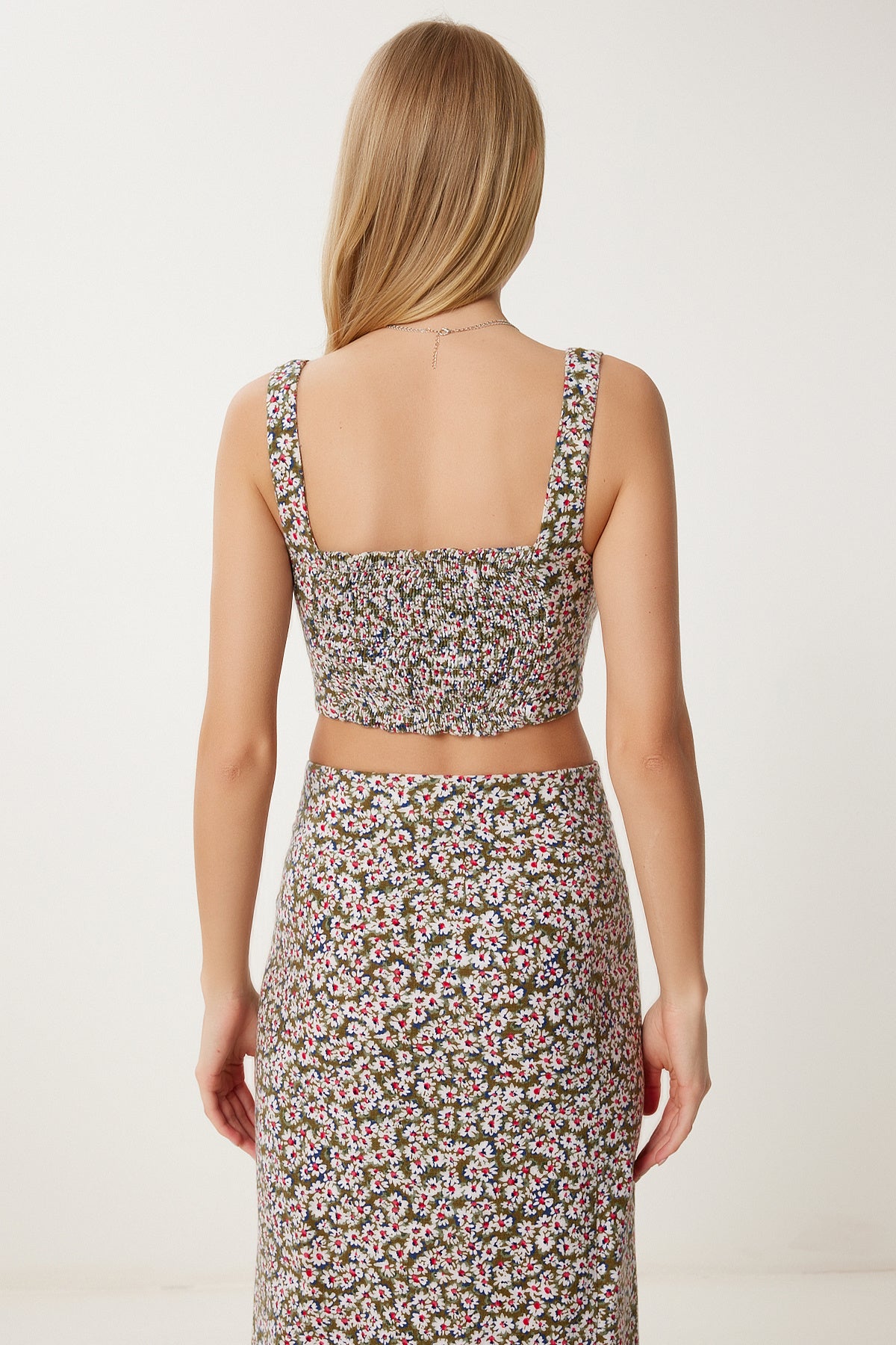 Haki Kemik Desenli Keten Crop Etek Takım FK00025