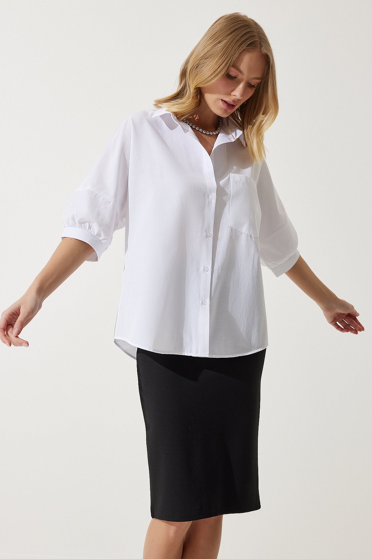 Beyaz Balon Kollu Poplin Gömlek DD01308