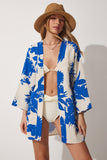 Bej Mavi Desenli Keten Viskon Kimono BH00381