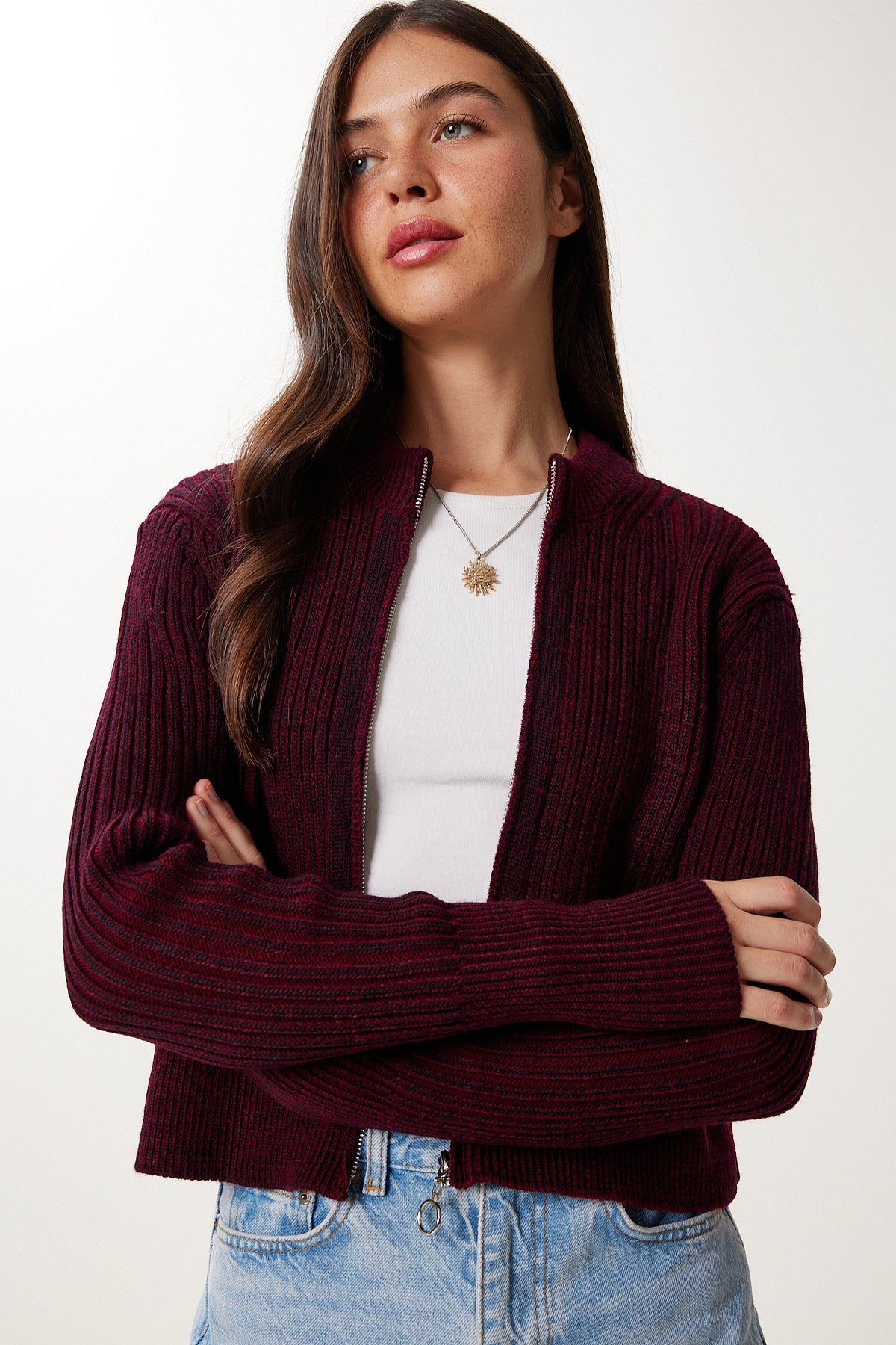 Bordo Dik Yaka Fermuarlı Triko Hırka YY00249