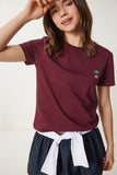 Bordo Ayıcık İşlemeli Pamuklu Örme T-Shirt CR00455