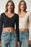Siyah Krem V Yaka 2'Li Paket Crop Örme Bluz UB00202
