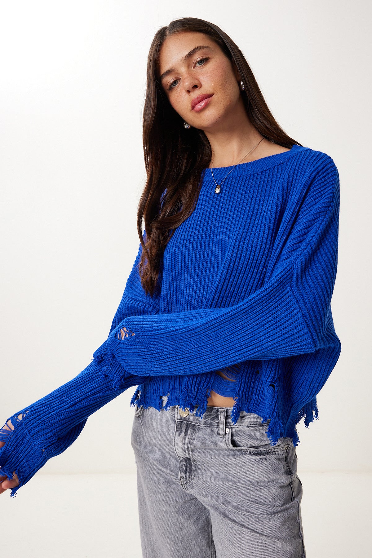 Koyu Mavi Yırtık Detaylı Oversize Triko Kazak ki00098