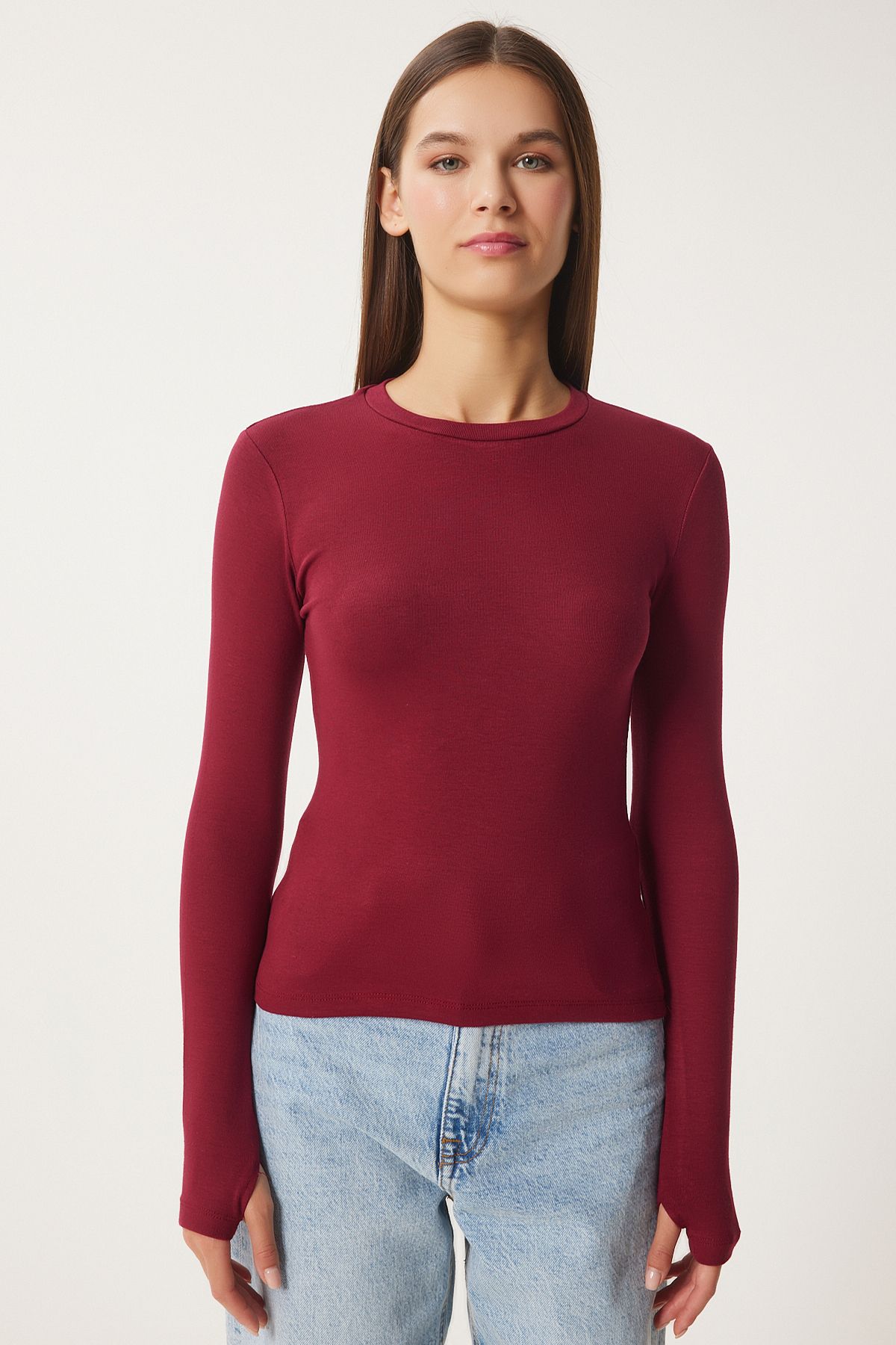 Bordo Bisiklet Yaka Basic Örme Bluz CR00439