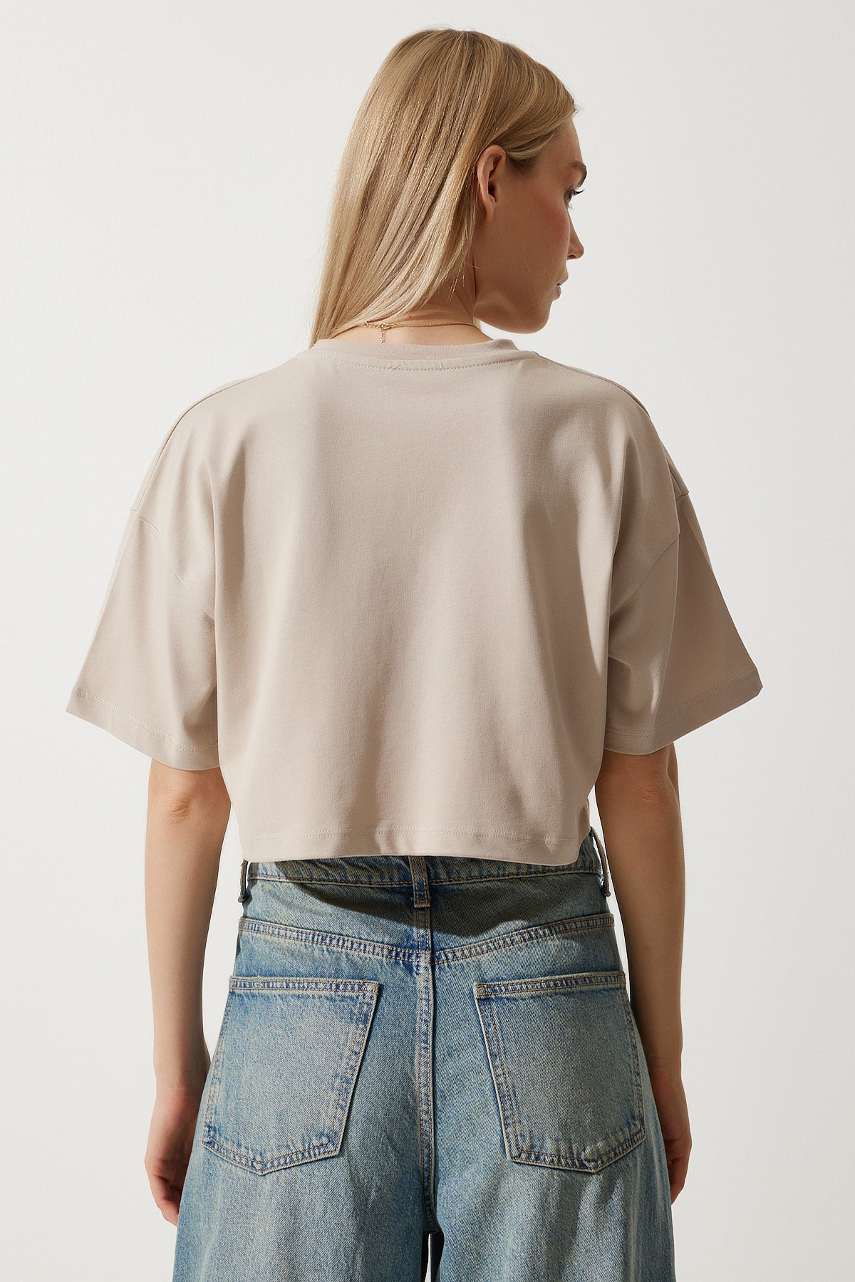 Bej %100 Pamuk Oversize Crop Örme T-Shirt BP00164