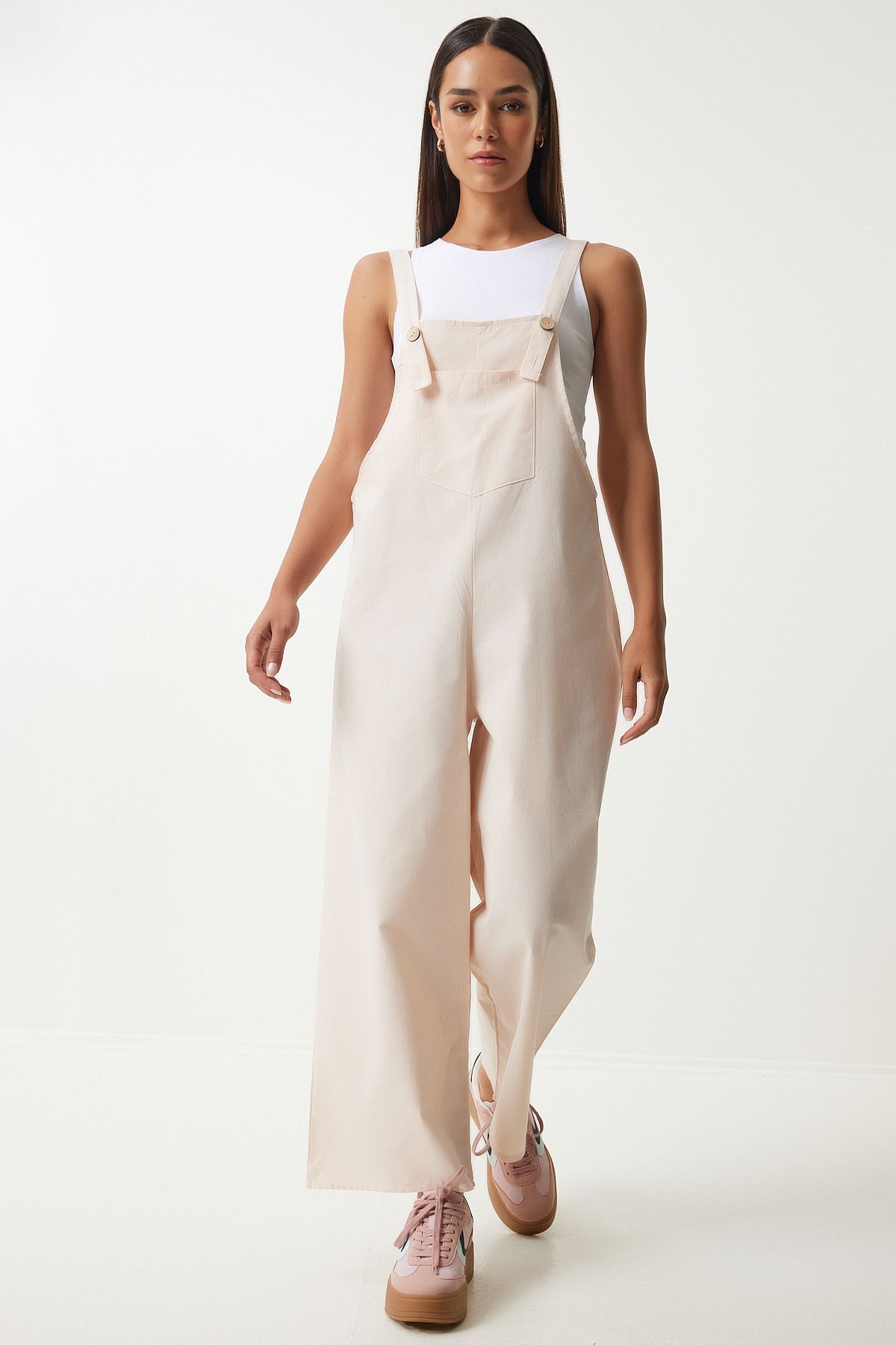 Krem Askılı İnce Gabardin Yazlık Bahçıvan Tulum KY00011