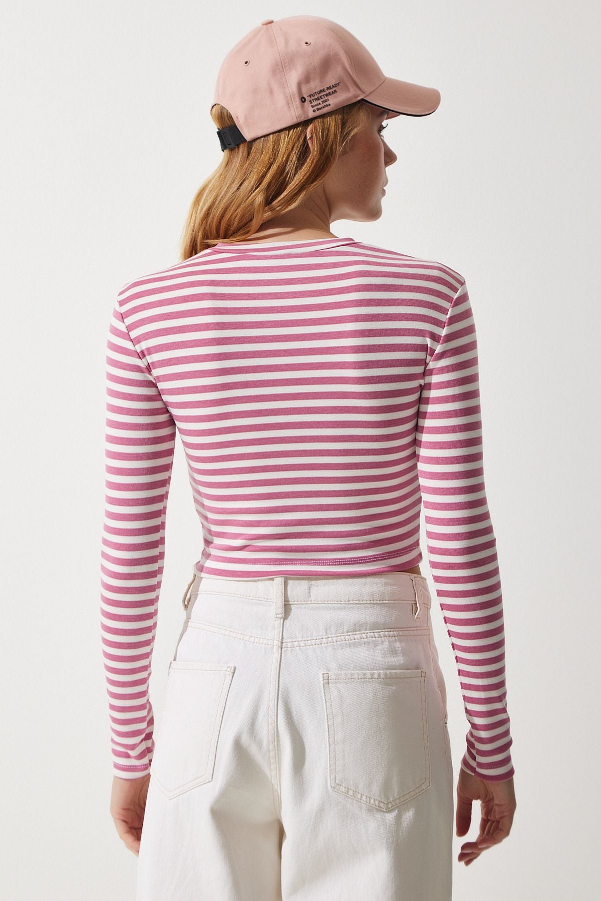 Gül Kurusu Bisiklet Yaka Çizgili Crop Örme Bluz CR00424