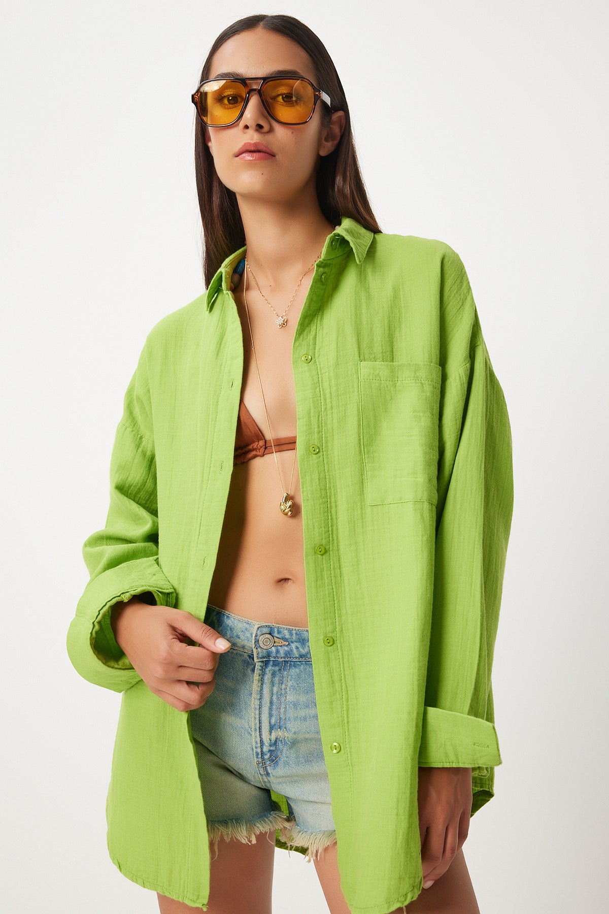 Fıstık Yeşili Oversize Basic Müslin Gömlek  MX00150
