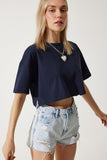 Lacivert %100 Pamuk Oversize Crop Örme T-Shirt BP00164