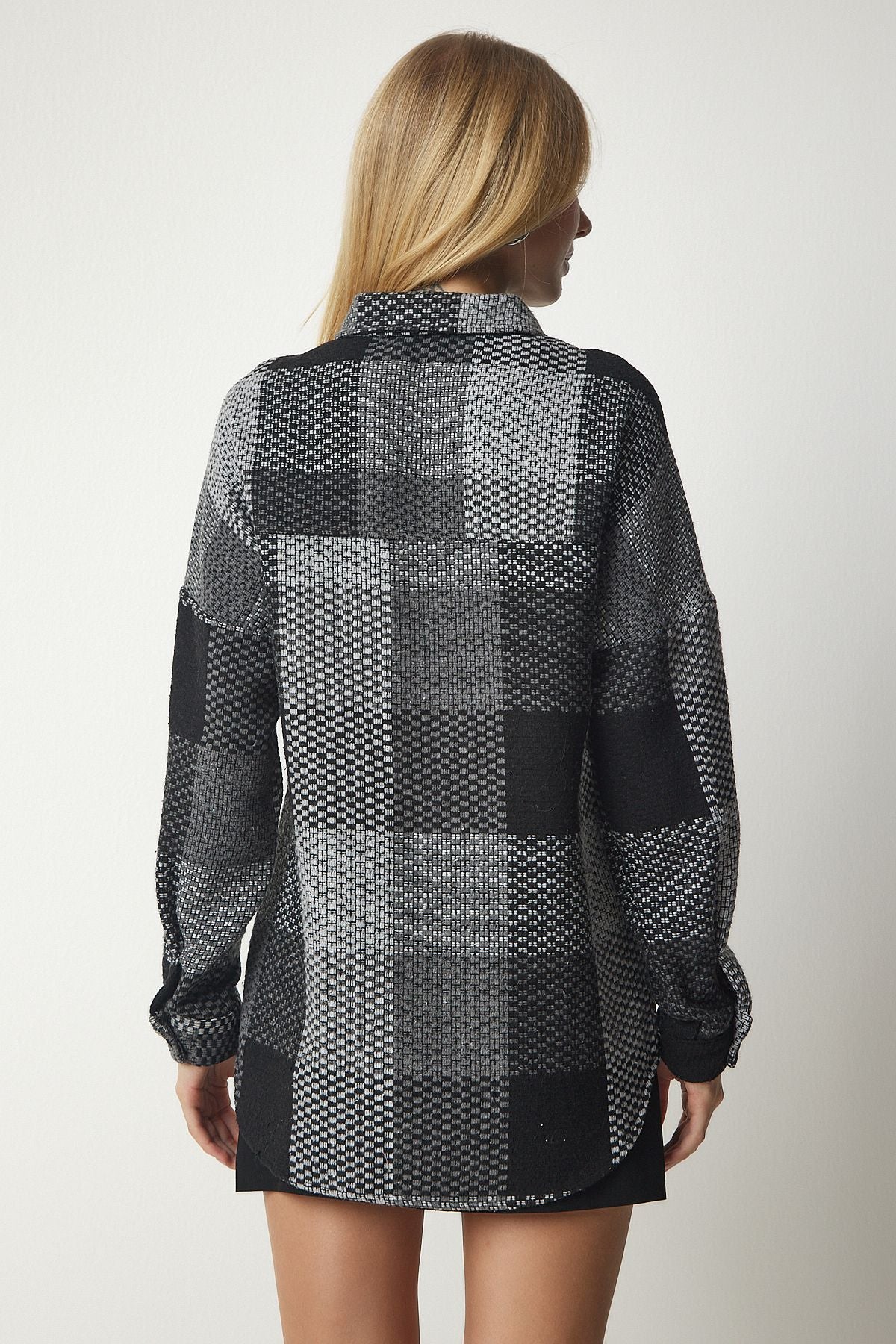 Gri Siyah Desenli Oversize Kaşe Oduncu Gömlek TU00034