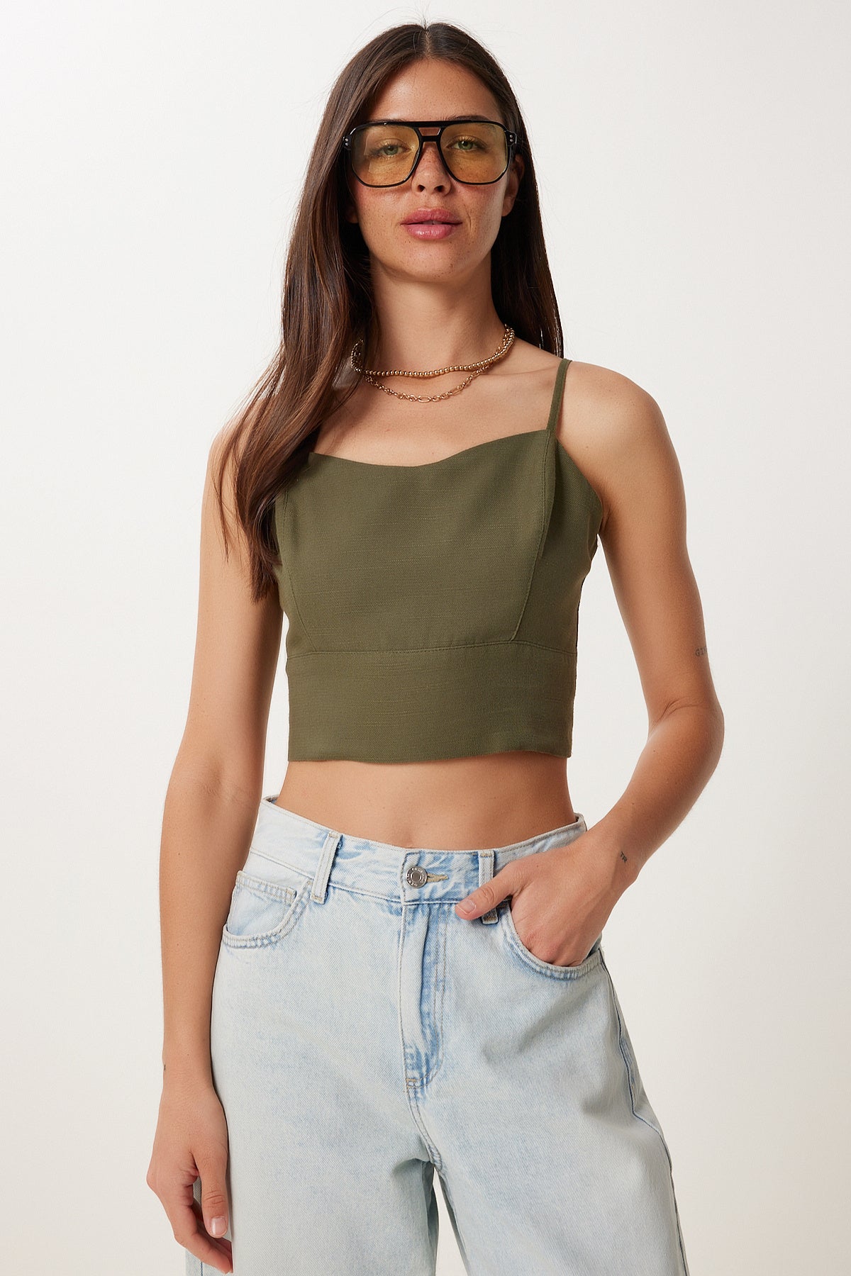 Haki Askılı Crop Keten Bluz MX00219