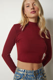 Bordo Dik Yaka Fitilli Kaşkorse Crop Bluz ub00165