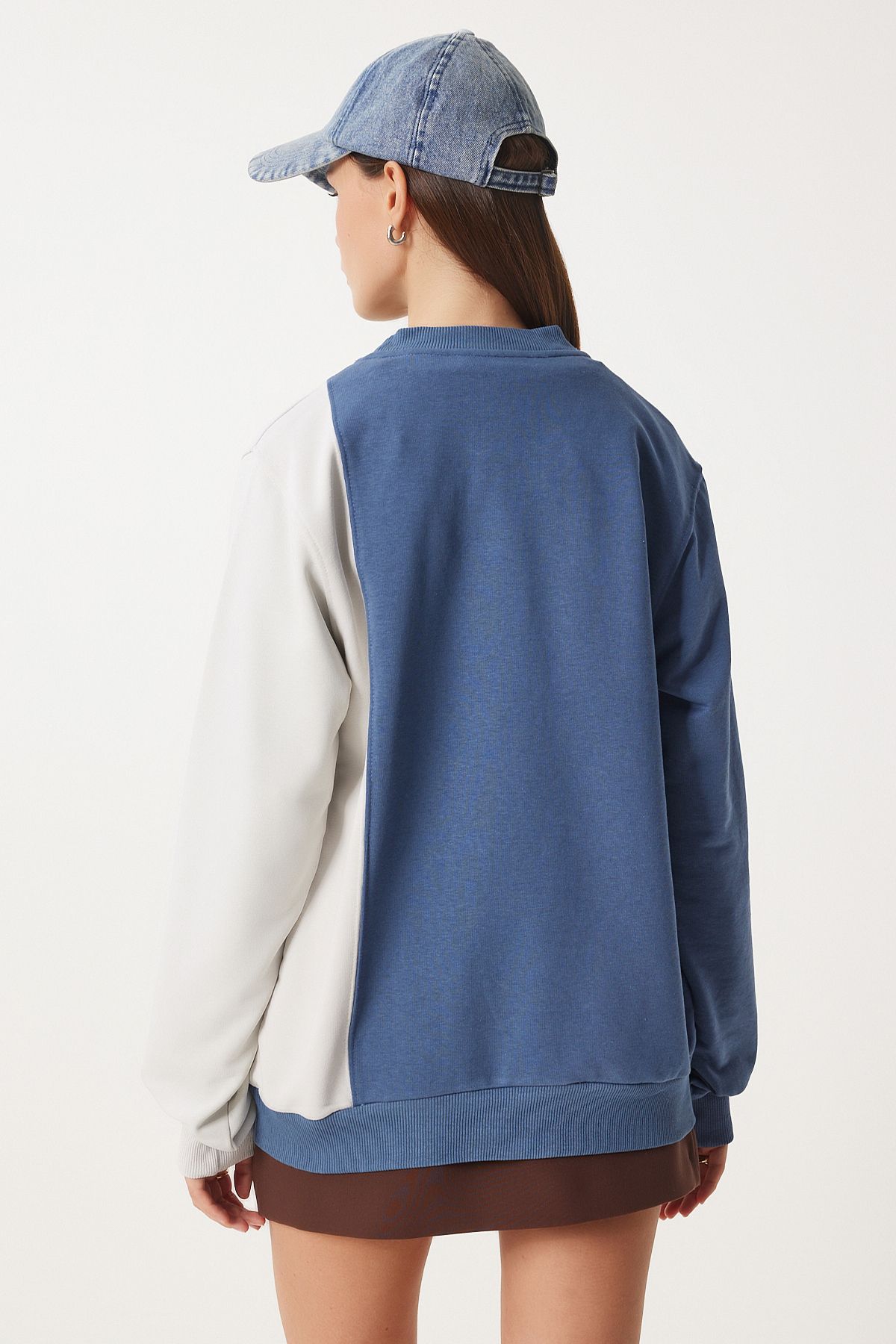 İndigo Mavi Blok Renkli Örme Sweatshirt VN00021