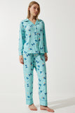 Su Yeşili Desenli Gömlek-Pantolon Örme Pijama Takımı TK00092