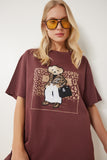 Kahverengi Ayıcık Armalı Pamuklu Oversize Örme T-Shirt CR00464