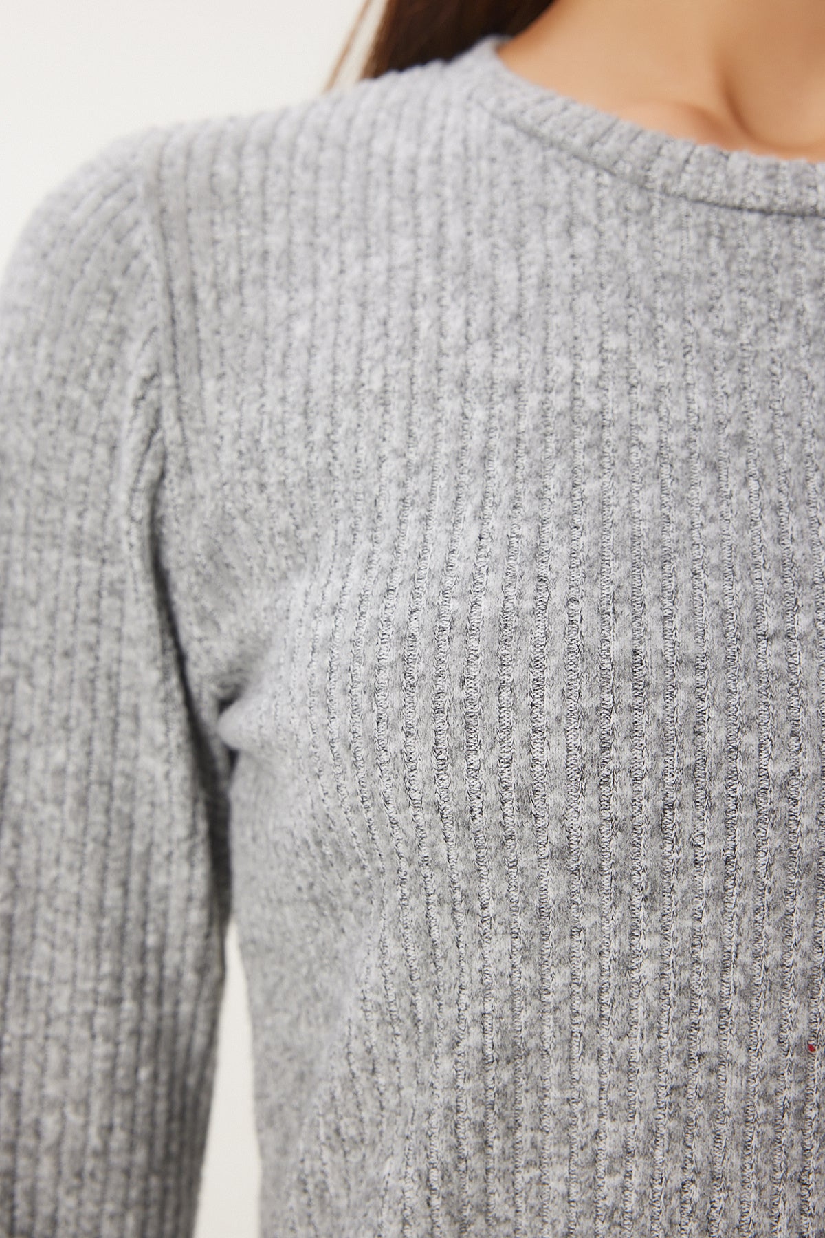 Gri Melanj Yumoş Crop Bol Pantolon Örme Takım AN00222