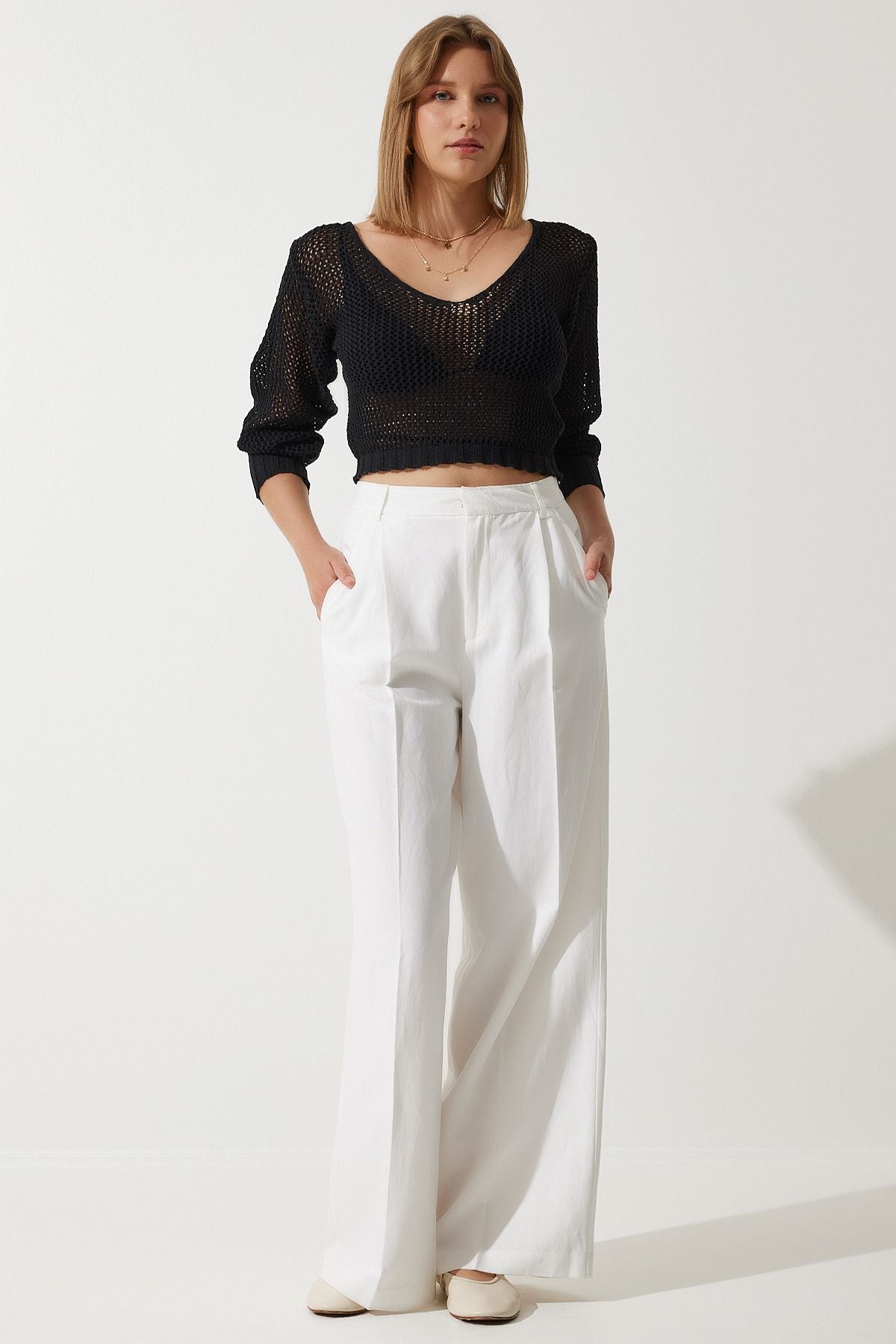 Siyah Ajurlu Crop Triko Bluz YY00212