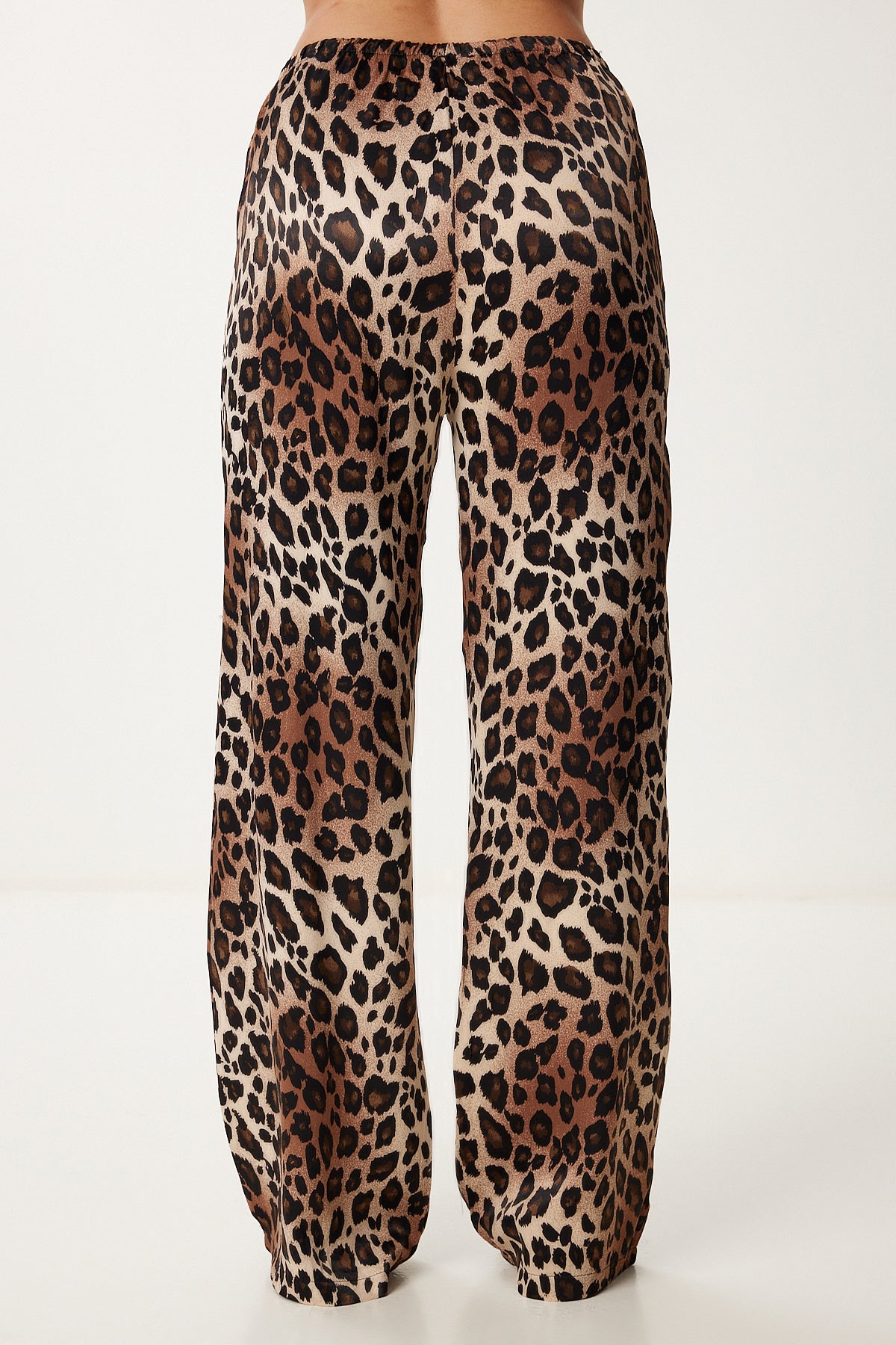 Siyah Kahverengi Leopar Desenli Saten Pantolon US00967