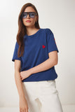 Lacivert Kalp Nakışlı Pamuklu Örme T-Shirt MP00032