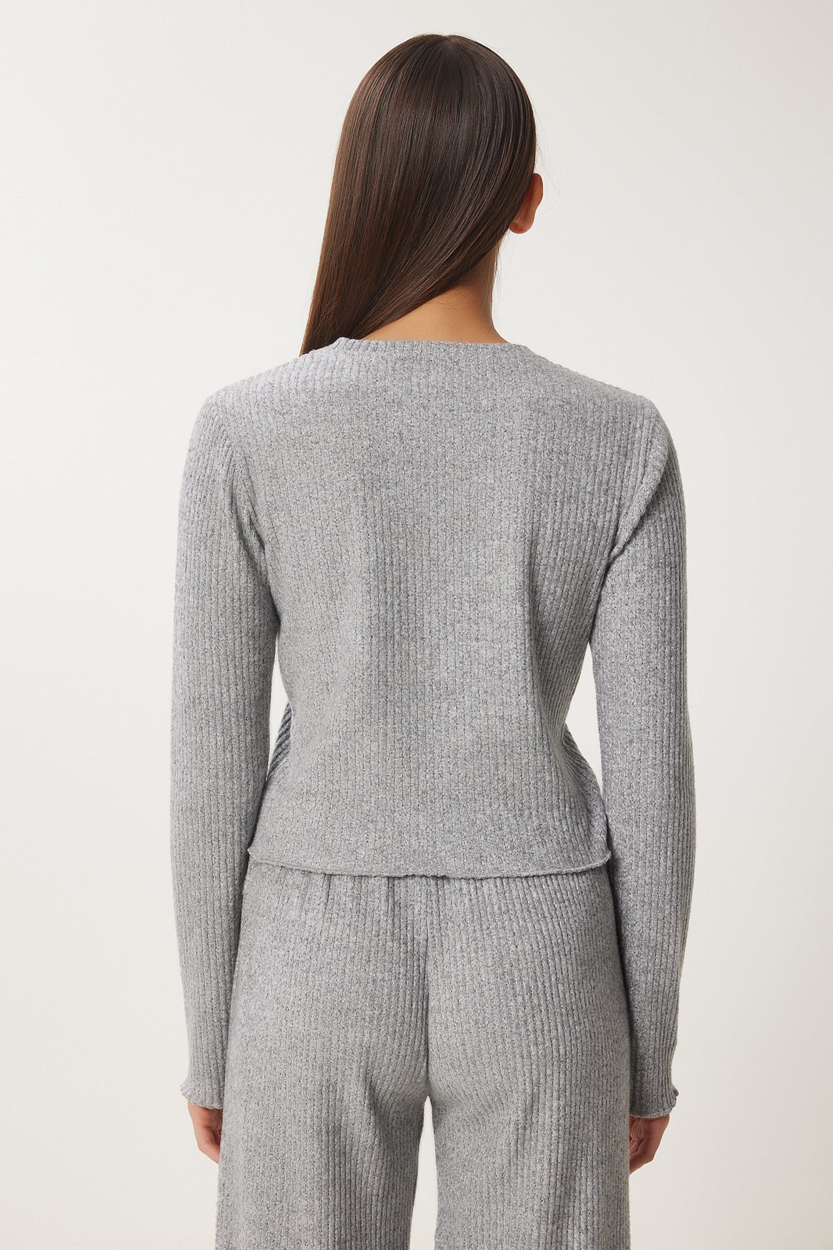 Gri Melanj Yumoş Crop Bol Pantolon Örme Takım AN00222