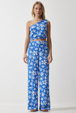 Mavi Beyaz Desenli Örme Crop Bluz Palazzo Takım MC00260
