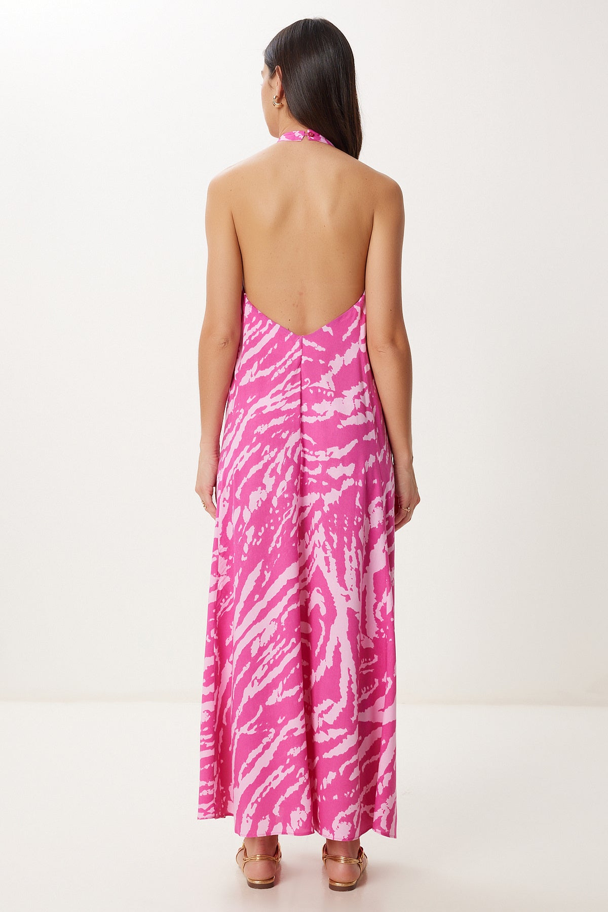 Pembe Halter Yaka Desenli Yazlık Viskon Elbise FG00042
