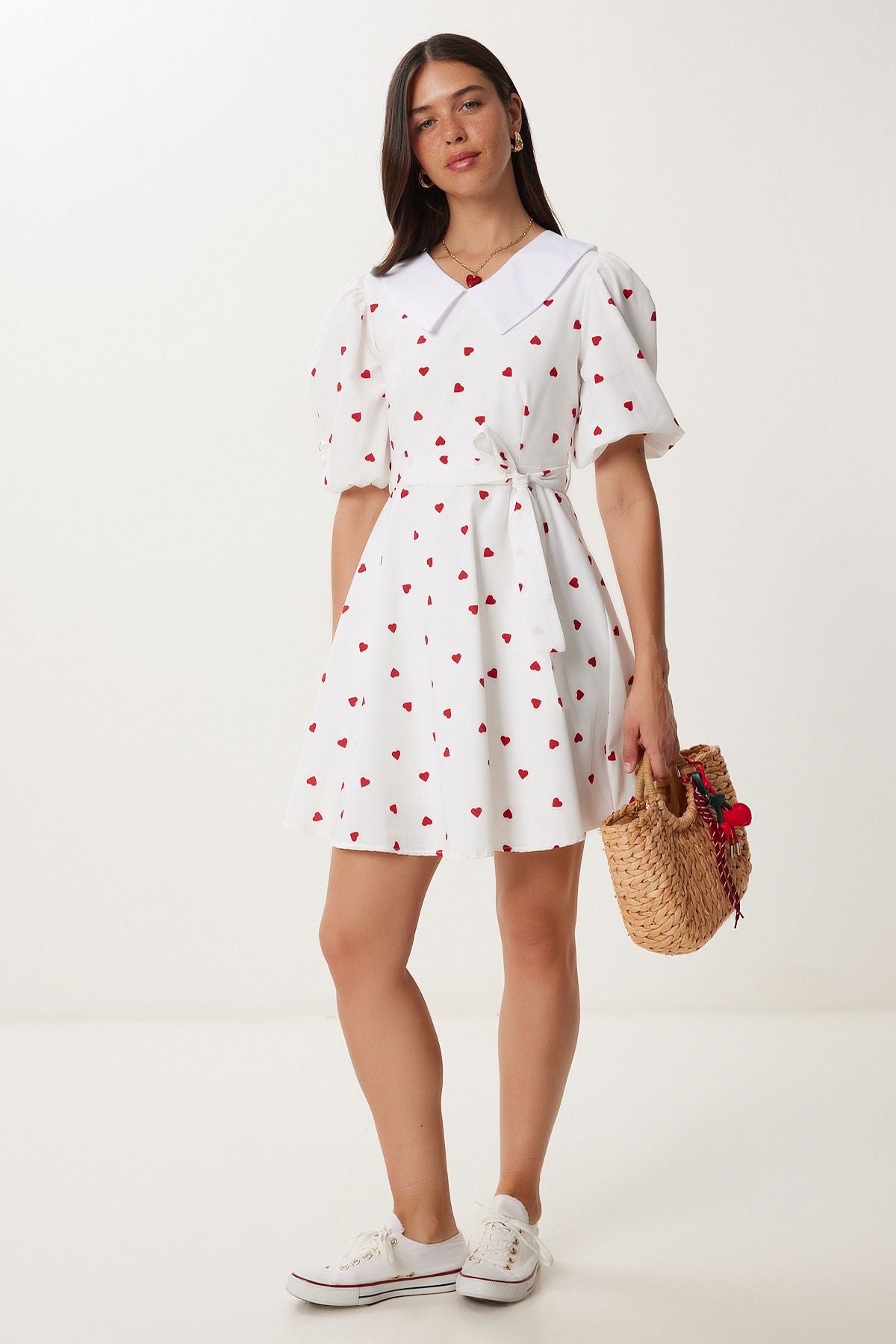 Ekru Kalpli Kuşaklı Mini Dokuma Elbise DK00174
