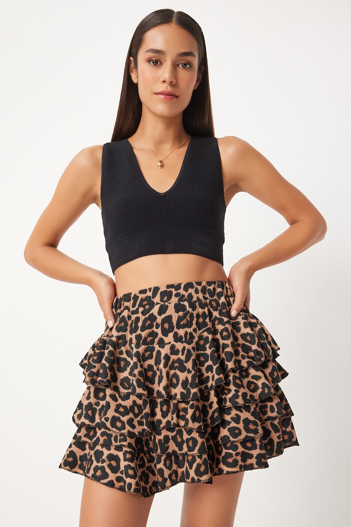 Siyah Bej Leopar Desenli Mini Örme Şort Etek KQ00004