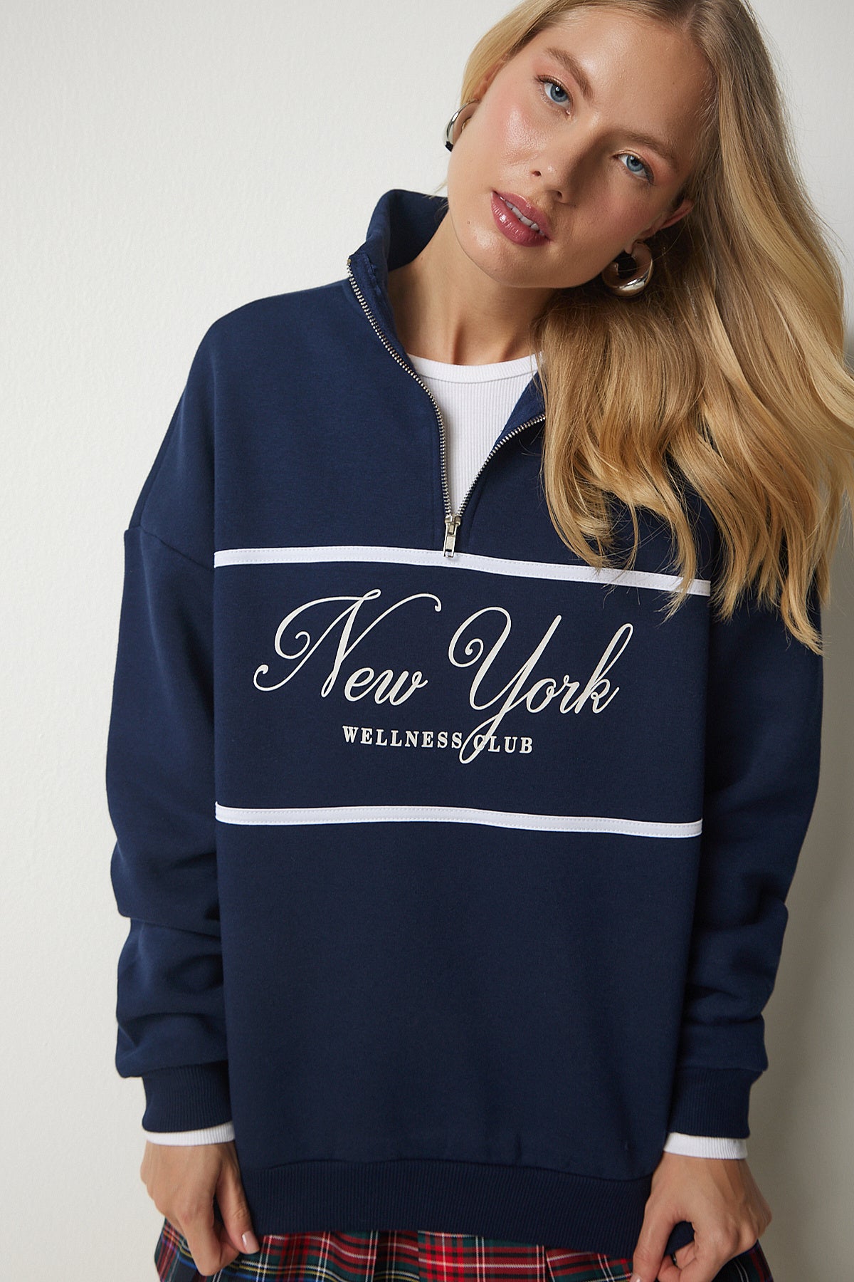 Lacivert Fermuarlı Yaka Baskılı Şardonlu Sweatshirt UB00168