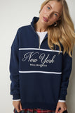 Lacivert Fermuarlı Yaka Baskılı Şardonlu Sweatshirt UB00168