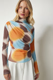 Oranj Mavi Drapeli Dik Yaka Sandy Bluz FF00138