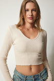 Krem V Yaka Crop Örme Bluz UB00201